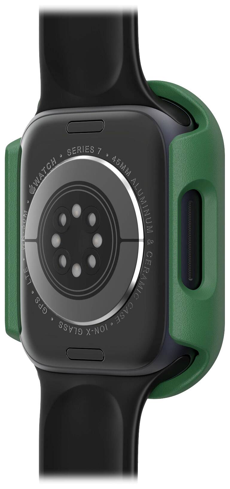 Tylna strona smartwatcha z czarnym paskiem i zielonym obrzeżem. Okrągłe czujniki w centrum, tekst wokół czujników.