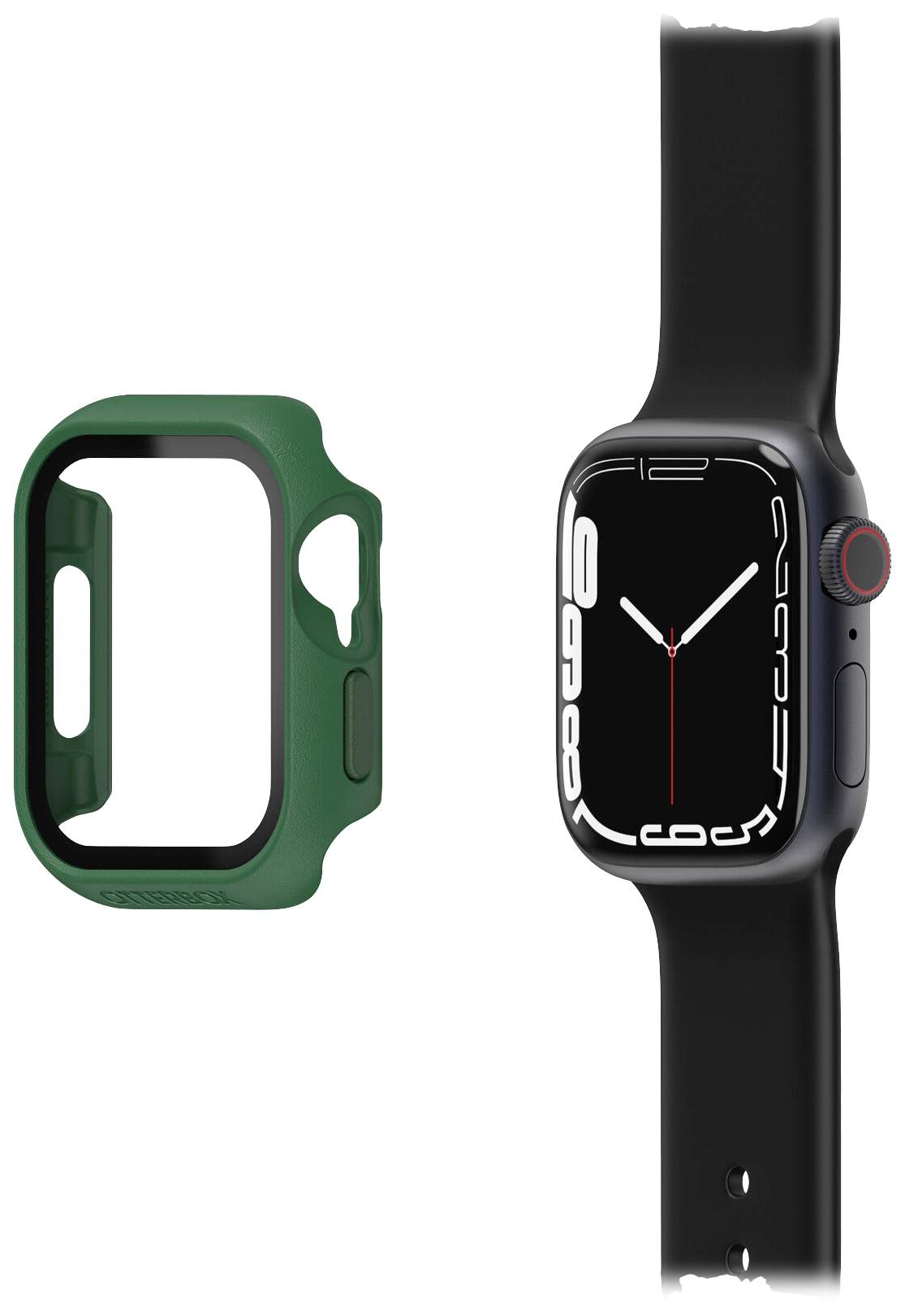 Czarny smartwatch z wyświetlonym cyferblatem i czerwoną koronką po prawej stronie. Po lewej stronie zielone etui ochronne.