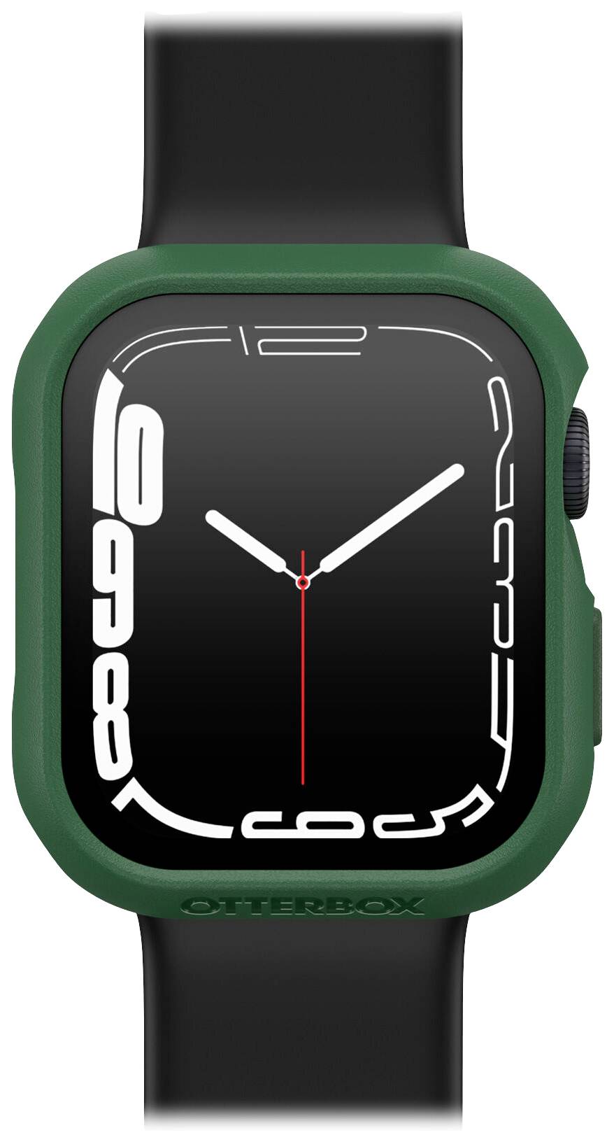 Smartwatch z czarną tarczą, białymi cyframi, czerwonymi wskazówkami i zielonym korpusem.