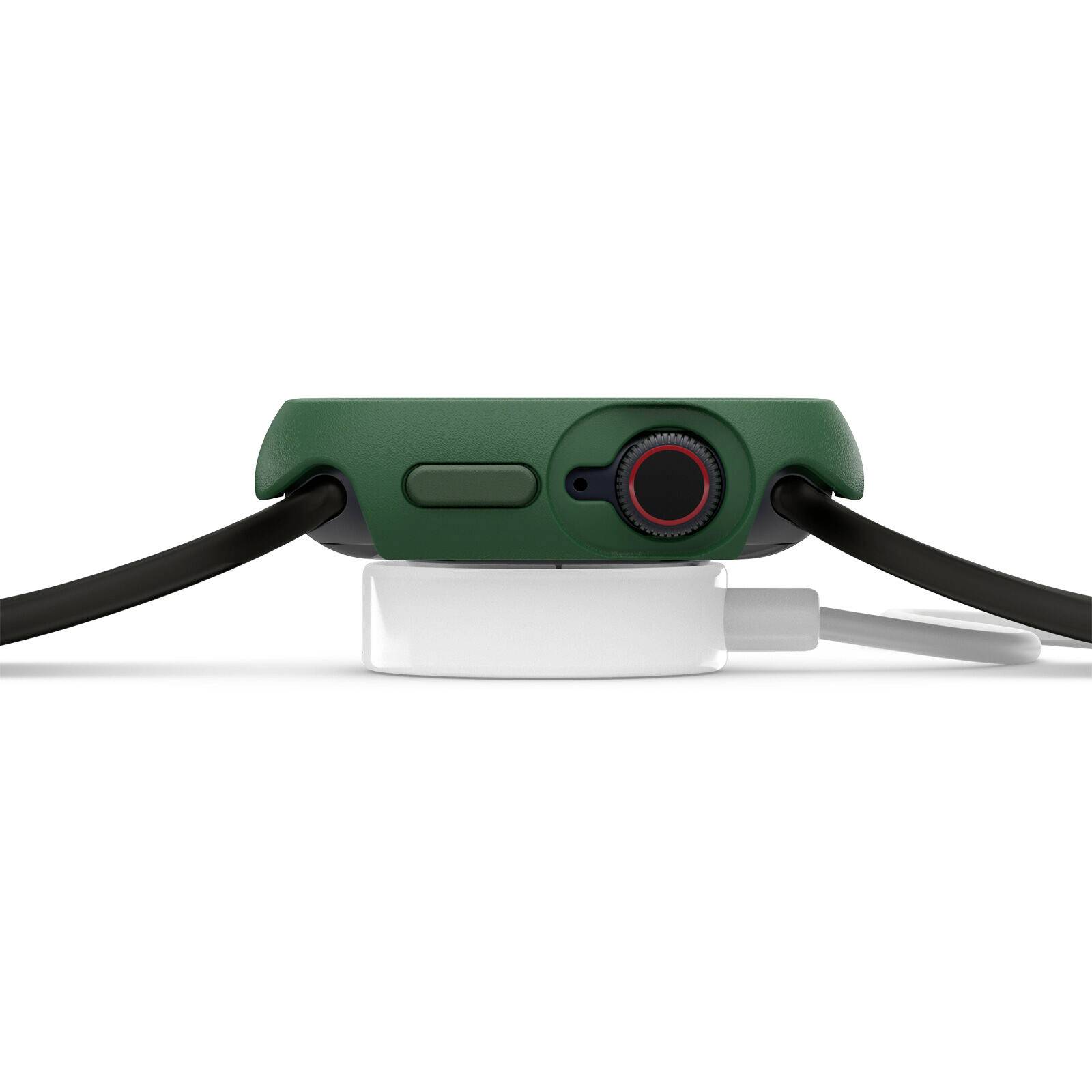 Zielony smartwatch w widoku bocznego profilu, prezentujący boczne przyciski i kabel ładujący, stojący na białej stacji ładującej.