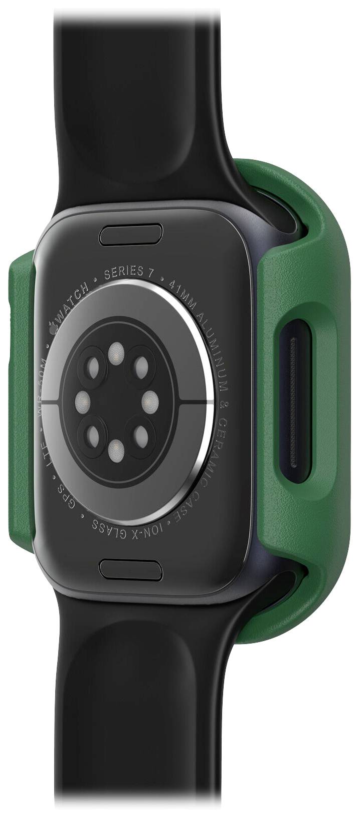 Tylna strona smartwatcha z czujnikami i czarnym paskiem, otoczona zieloną obudową ochronną.