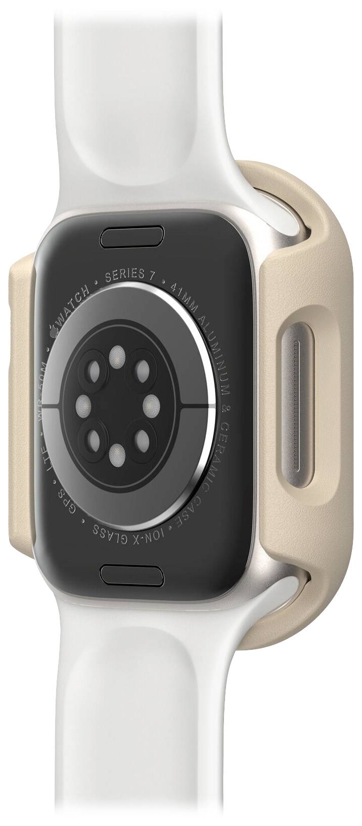 Tylna strona smartwatcha z czujnikami i białym paskiem. Obudowa w kolorze złotym. Model 'Series 7'.