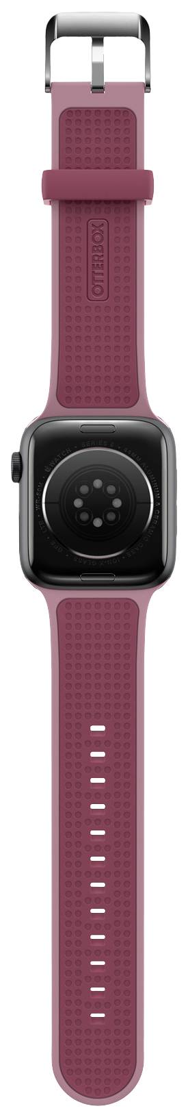 Smartwatch z czerwonawym paskiem wykonanym we wzorze perforowanym. Zegarek pokazany jest od tyłu, z czujnikiem umieszczonym w centralnym punkcie.