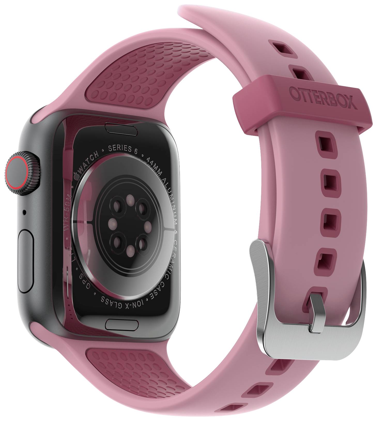 Smartwatch z czarną kopertą i różowym paskiem. Widok od tyłu prezentuje czujniki i klamrę.