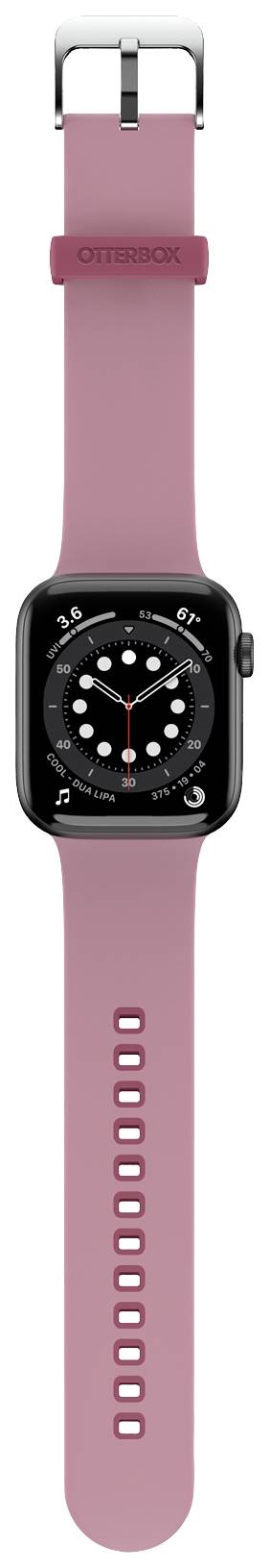 Smartwatch z czarną obudową i różowym paskiem. Tarcza zegarka wyświetla godzinę za pomocą analogowych wskazówek.