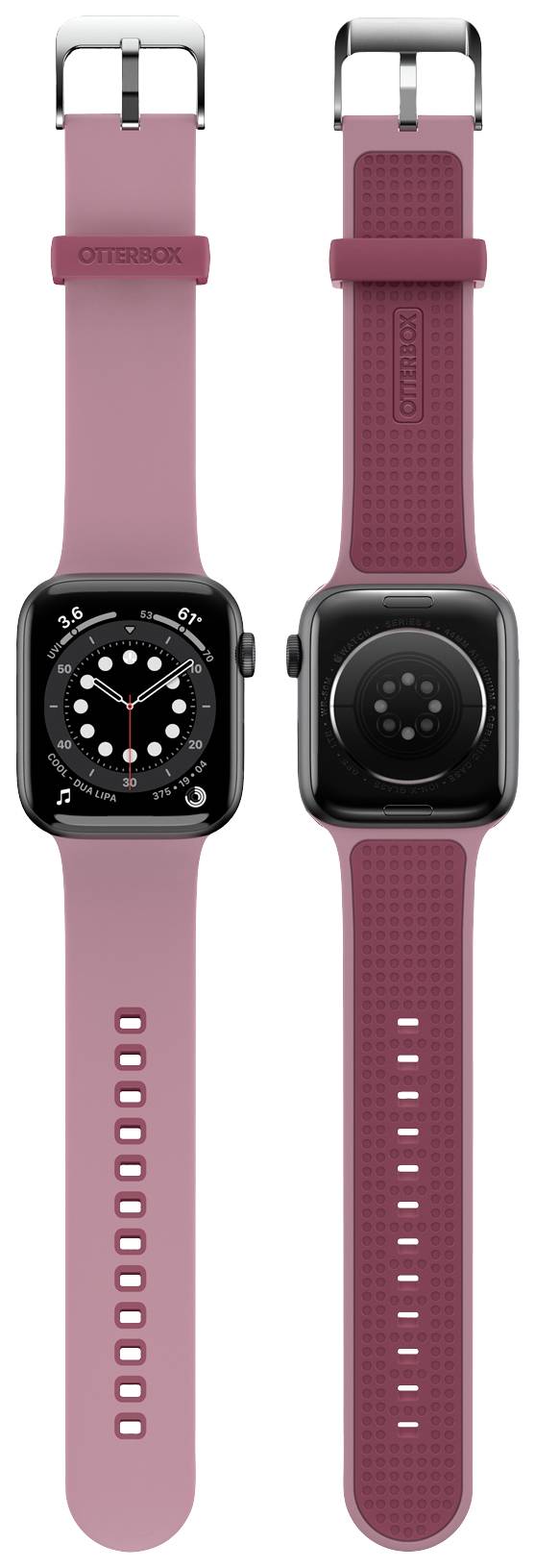 Dwie smartwatche z różowymi paskami: jeden przedstawia tarczę zegarka, drugi jego tylną stronę.