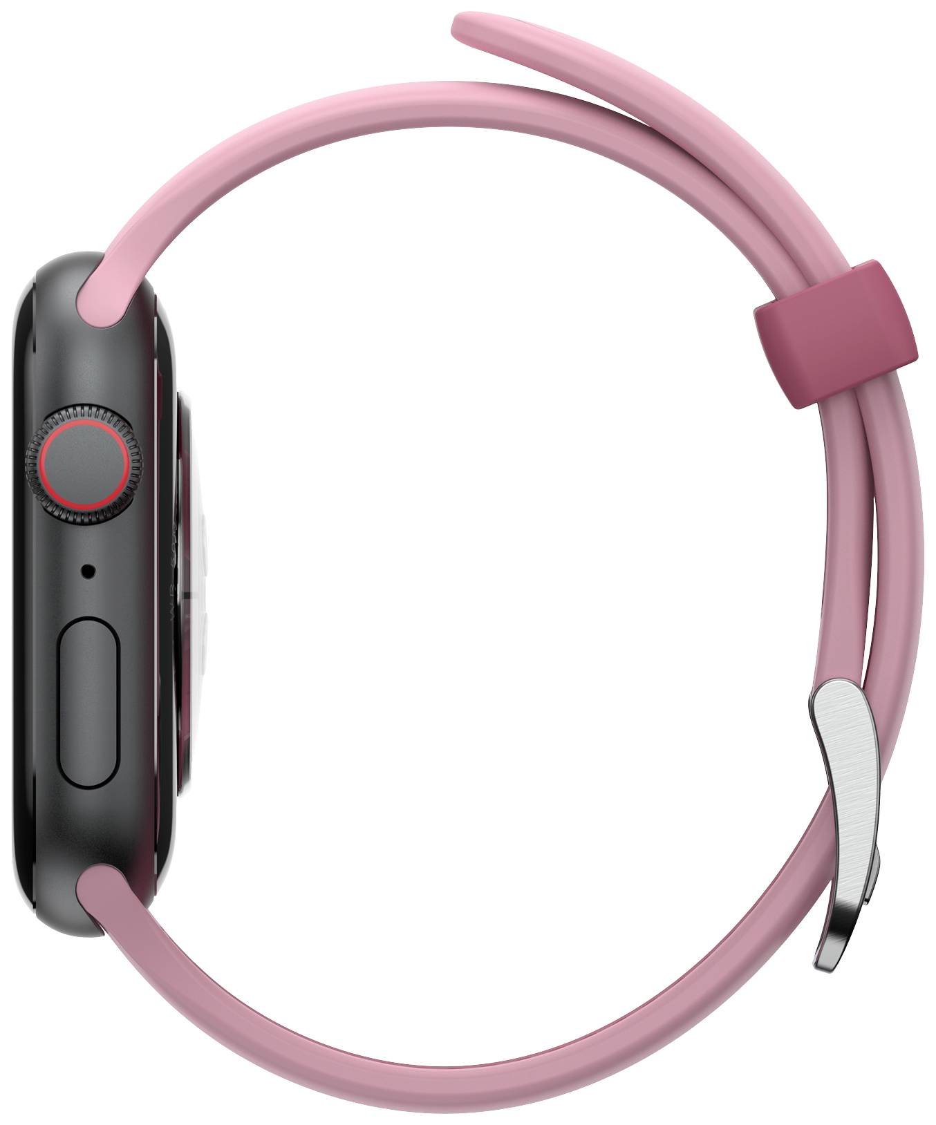 Smartwatch z czarną obudową i różowym paskiem, sfotografowana z boku, z widocznymi przyciskami i pokrętłem.