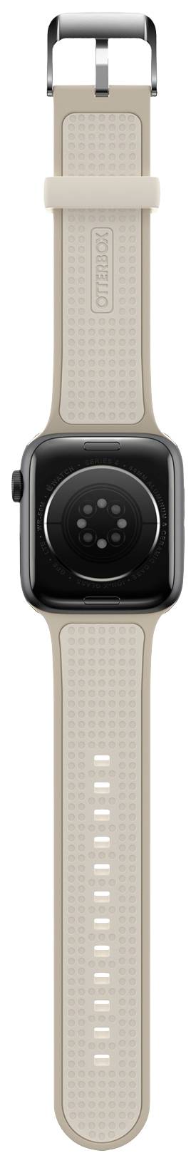 Inteligentny zegarek z paskiem w kolorze beżowym i czarną obudową, pokazywany z góry na dół.