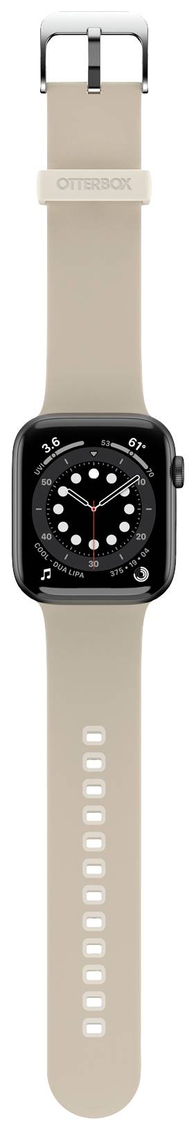 Smartwatch z czarną obudową i beżowym paskiem wyświetla analogową tarczę z wieloma wskaźnikami.