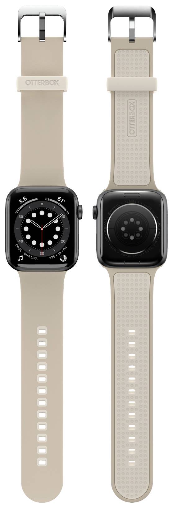 Smartwatch z szarym paskiem, widok z przodu i z tyłu. Wyświetlacz przedstawia tarczę zegarową z kilkoma symbolami.