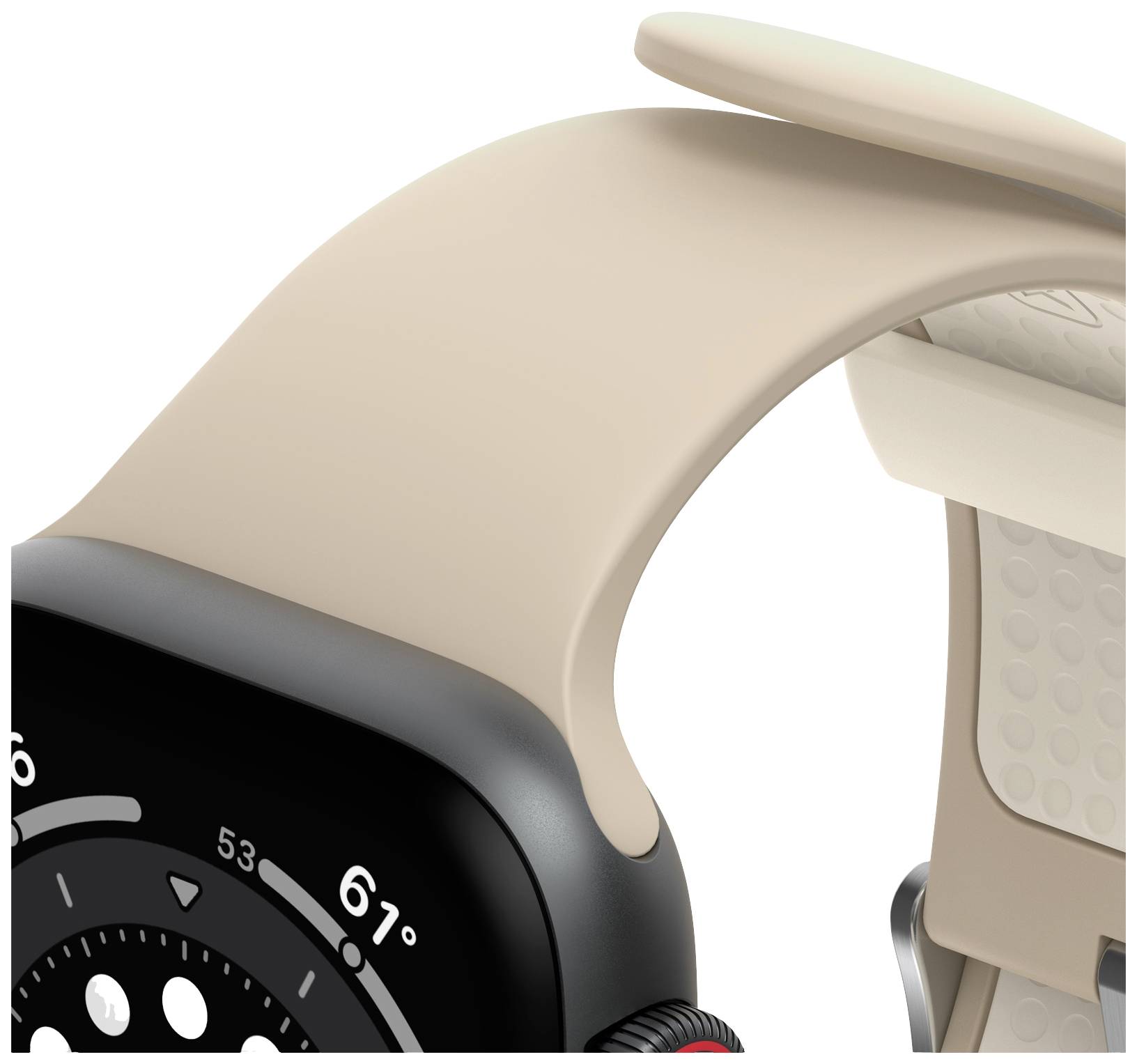 Zbliżenie smartwatcha z kwadratową, czarną obudową i beżowym paskiem. Wyświetlacz pokazuje temperaturę '67°'.