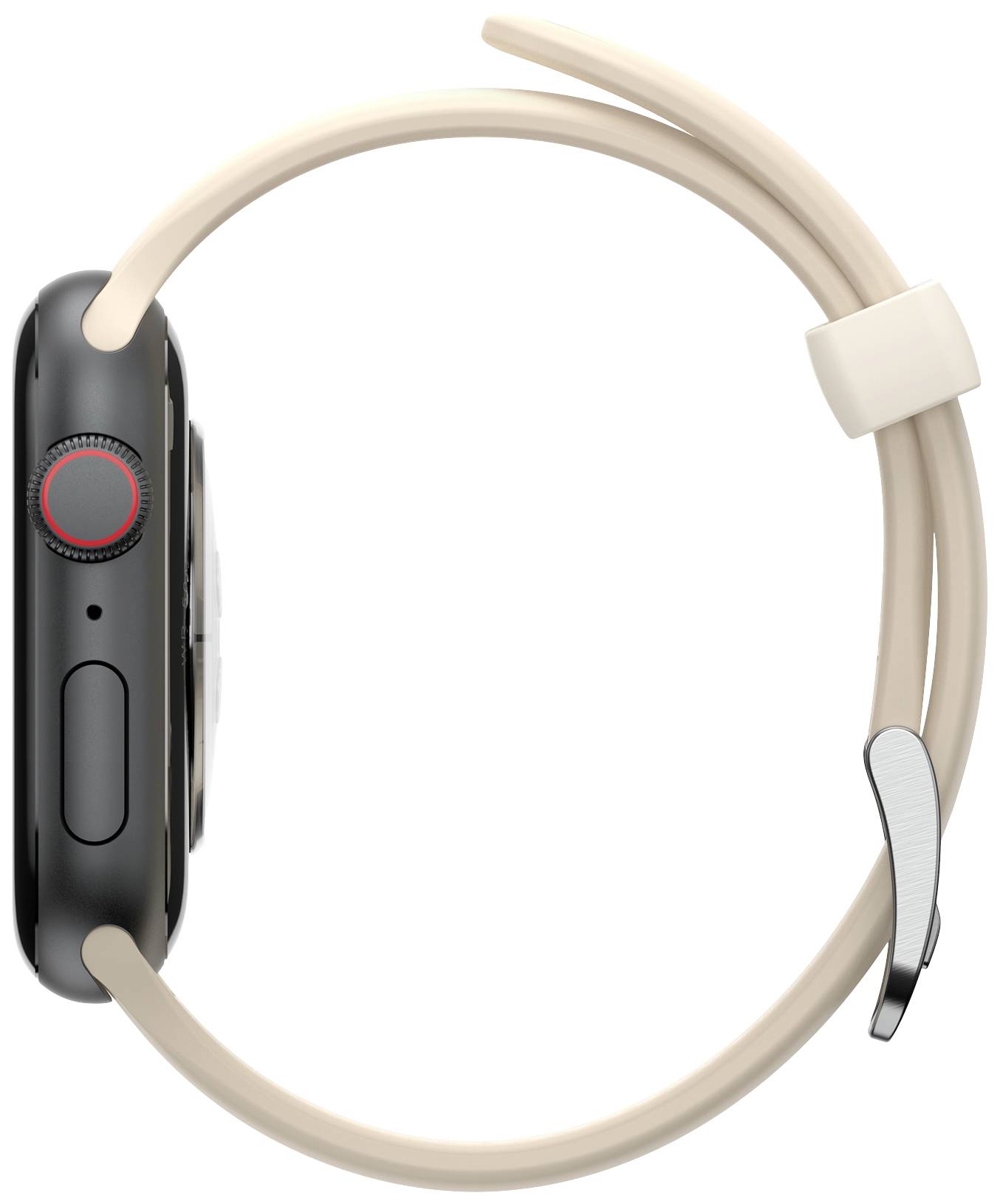 Inteligentny zegarek z widoczny z boku, z okrągłą, czarną kopertą i beżowym paskiem, prezentujący cechy designu i kształt.