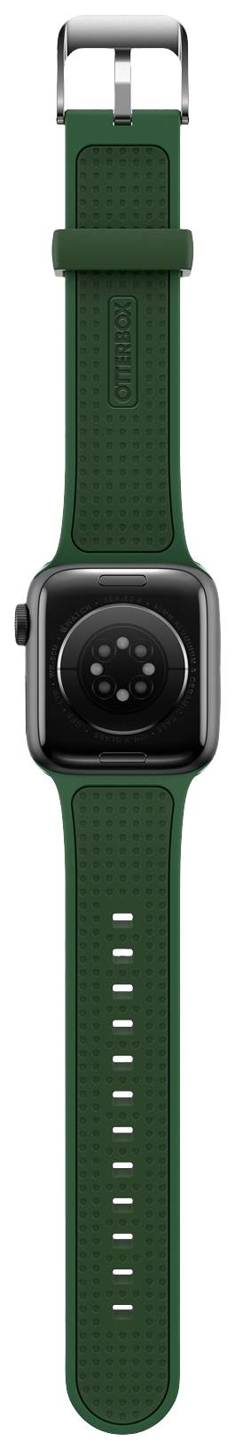 Zielony smartwatch z kwadratową obudową i czarnym wyświetlaczem. Pasek z srebrną klamrą. Nowoczesny, minimalistyczny design.