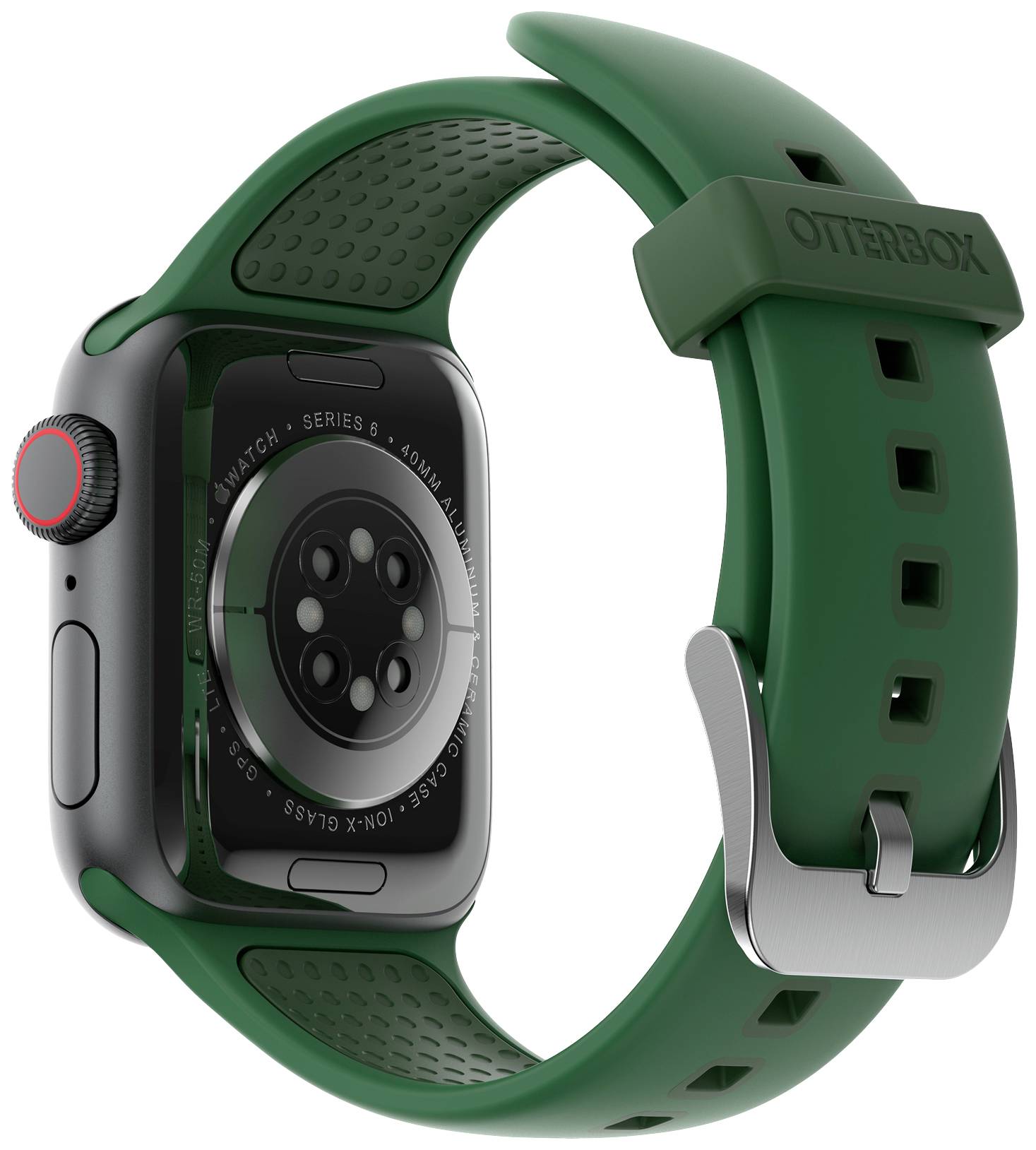 Smartwatch w kolorze czarnym z zielonym paskiem. Na tylnej stronie widoczne są czujniki oraz napis 'Series 8'.