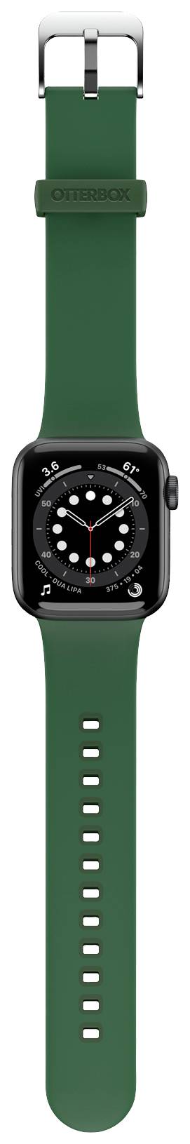 Zielona smartwatch z prostokątnym wyświetlaczem i czarną obudową. Cyfrowa tarcza zegarka z białymi oznaczeniami.