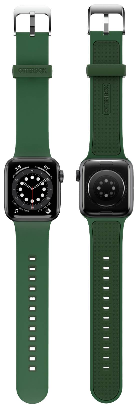 Dwa widoki inteligentnego zegarka z zielonym paskiem i czarną tarczą, z widoczną szczegółową tylną częścią.