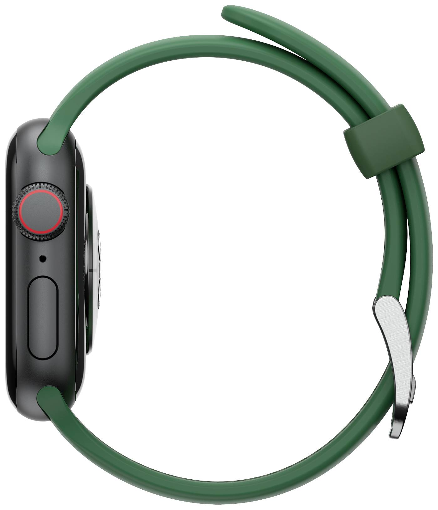 Smartwatch widziany z boku z zielonym paskiem; fokus na cyfrowej koronce i prostokątnej obudowie.