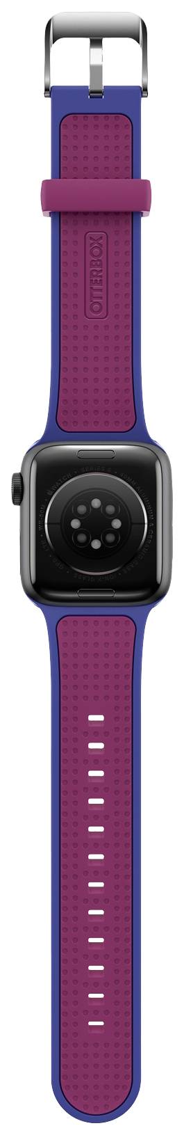 Zegarek Apple Watch z czarną obudową i dwukolorowym paskiem: na zewnątrz niebieski, wewnątrz czerwony. Pasek z wieloma otworami do regulacji rozmiaru.