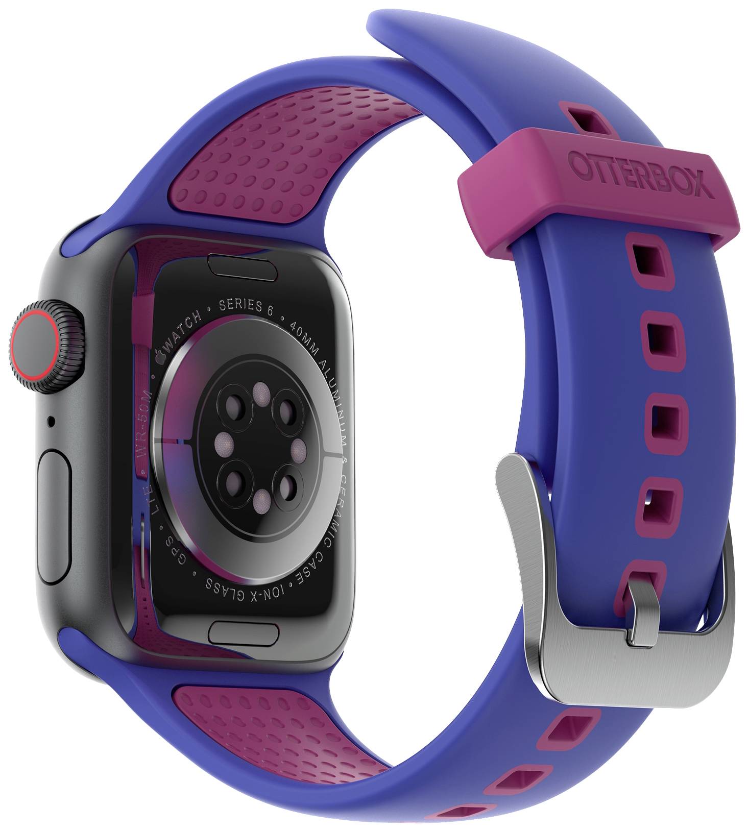 Smartwatch z niebieskim i czerwonym paskiem. Widoczny tył obudowy i obudowa czujników.