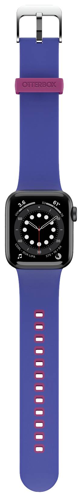 Smartwatch z niebieskim paskiem i kwadratowym wyświetlaczem, który prezentuje analogowy zegarek z białymi i czerwonymi wskazaniami.