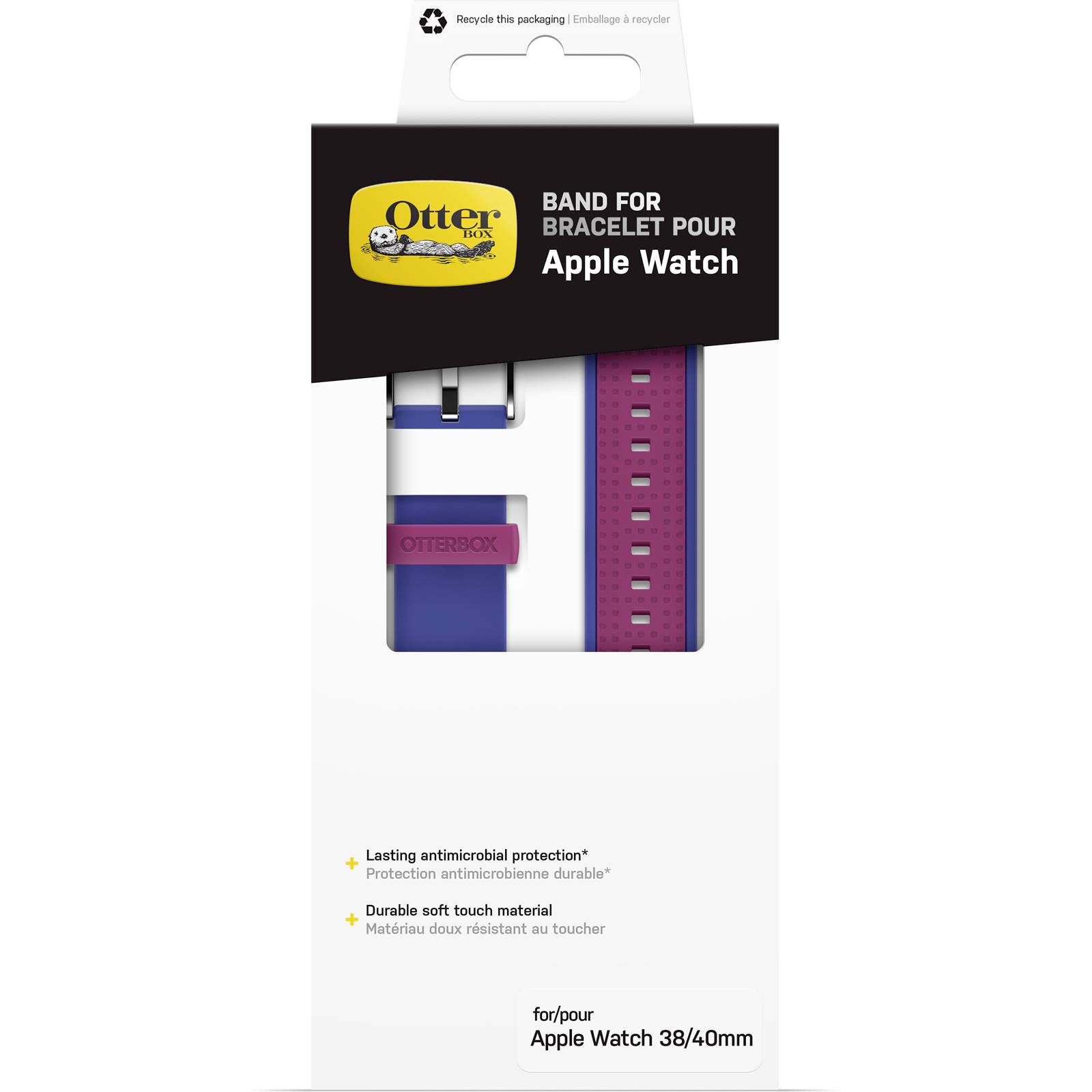 Opakowanie opaski Otterbox dla Apple Watch 38/40 mm, przedstawiające akcesoria z antybakteryjną ochroną i miękkim materiałem.