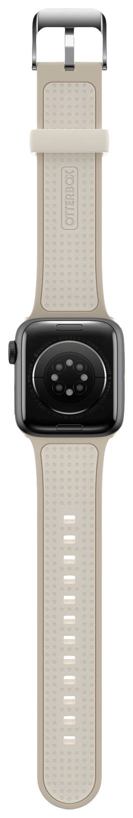 Smartwatch z jasnobeżowym paskiem i czarną obudową, widok od tyłu.