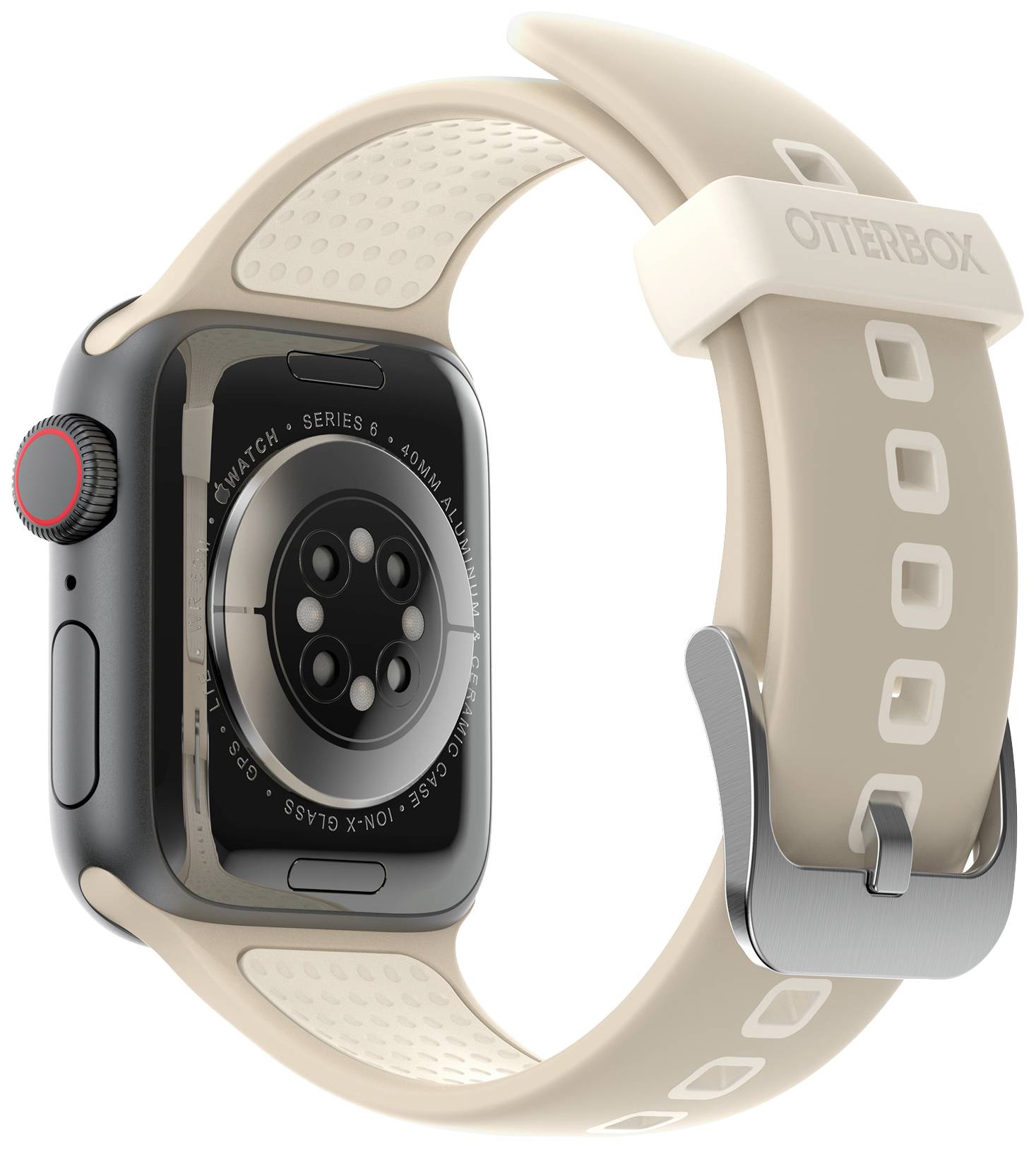 Inteligentny zegarek z kremowym paskiem. Z tyłu widoczne są czujniki oraz logo marki 'OTTERBOX' na pasku.