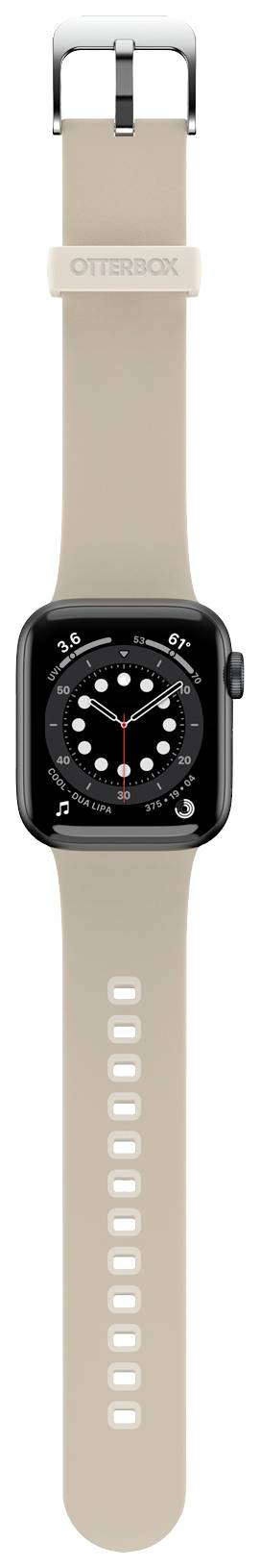 Smartwatch z beżowym paskiem i cyfrową tarczą. Wyświetlana jest godzina.