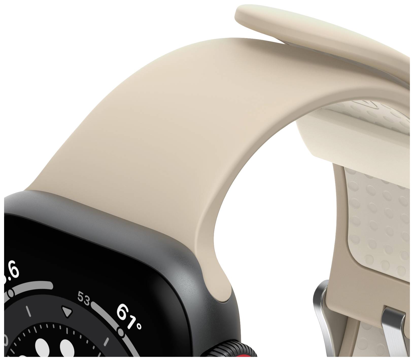 Smartwatch z paskiem w kolorze beżowym, zbliżenie. Wskazówka zegara pokazuje godzinę 6.