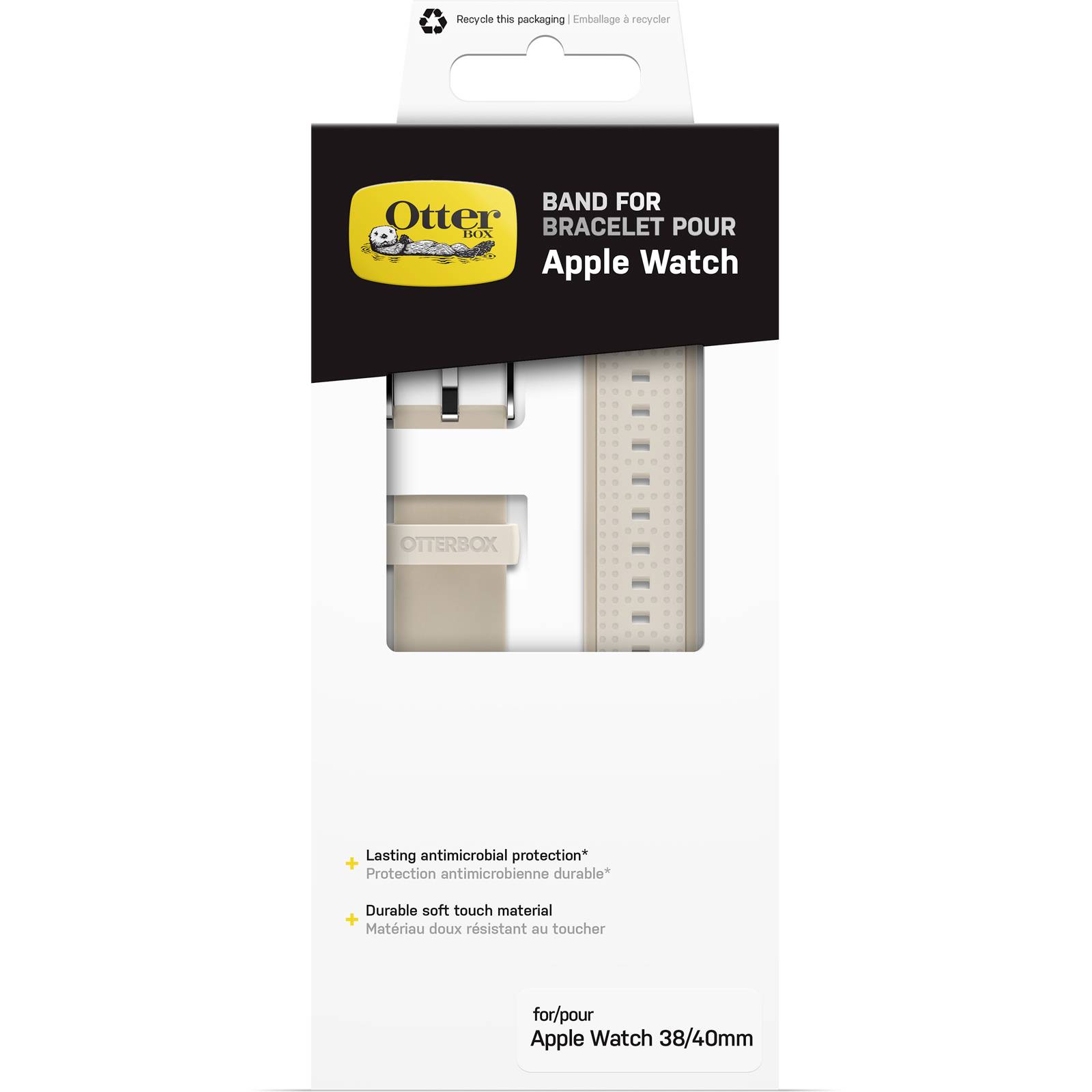 Opakowanie marki paska do Apple Watch. Widoczny beżowy pasek, teksty 'Band for Bracelet pour Apple Watch' i 'Otterbox'.