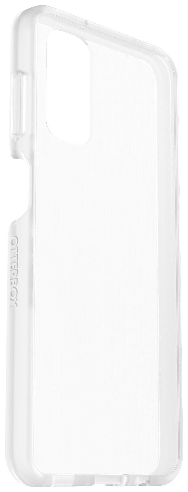 Przezroczyste etui na telefon wykonane z tworzywa sztucznego z wycięciami na aparat i przyciski, dopasowane do nowoczesnego modelu smartfona.