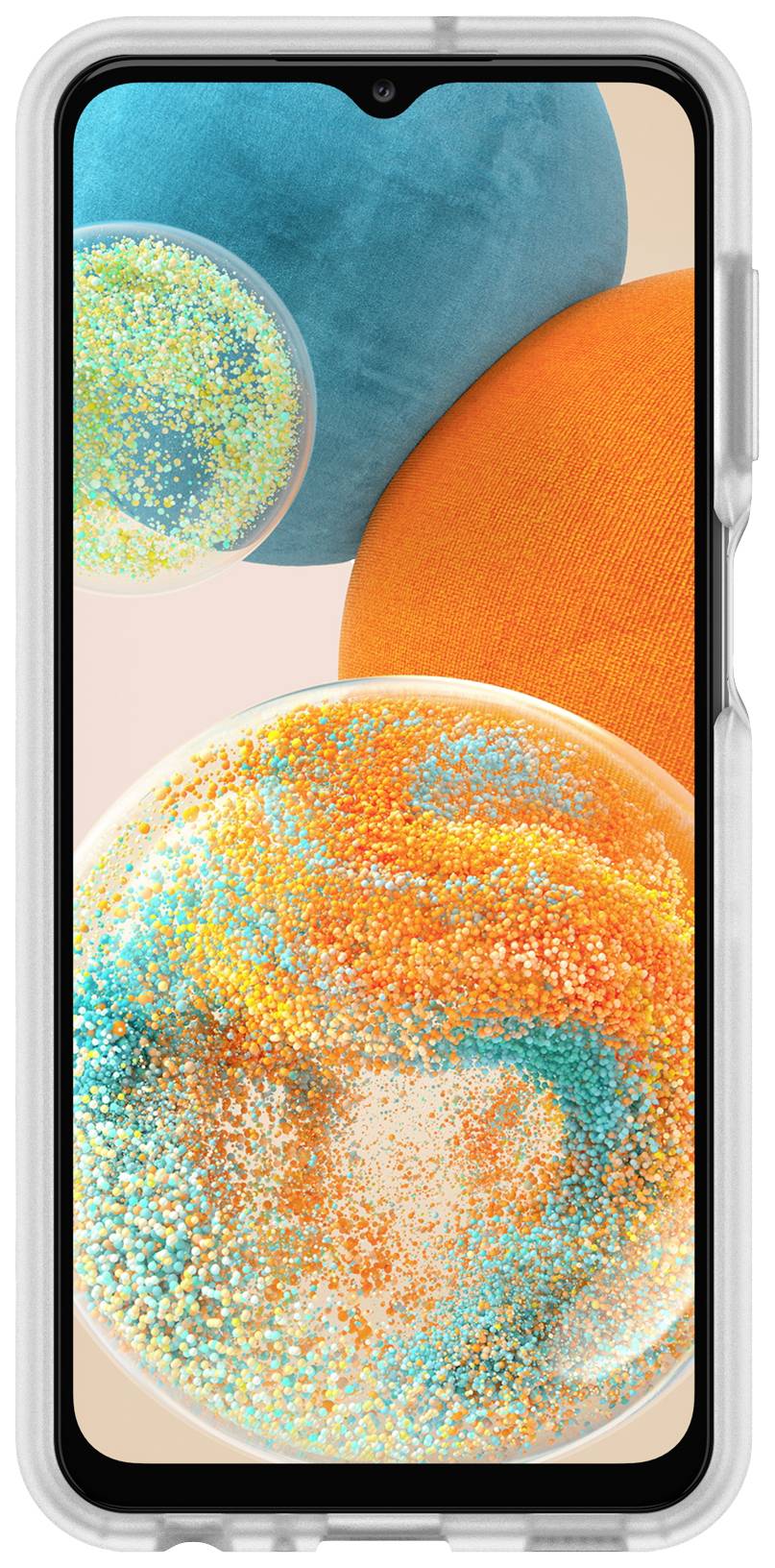 Smartfon z jasnym, kolorowym tłem wyświetla koła w kolorach pomarańczowym, niebieskim i zielonym, które wyglądają jak kolorowe kule.