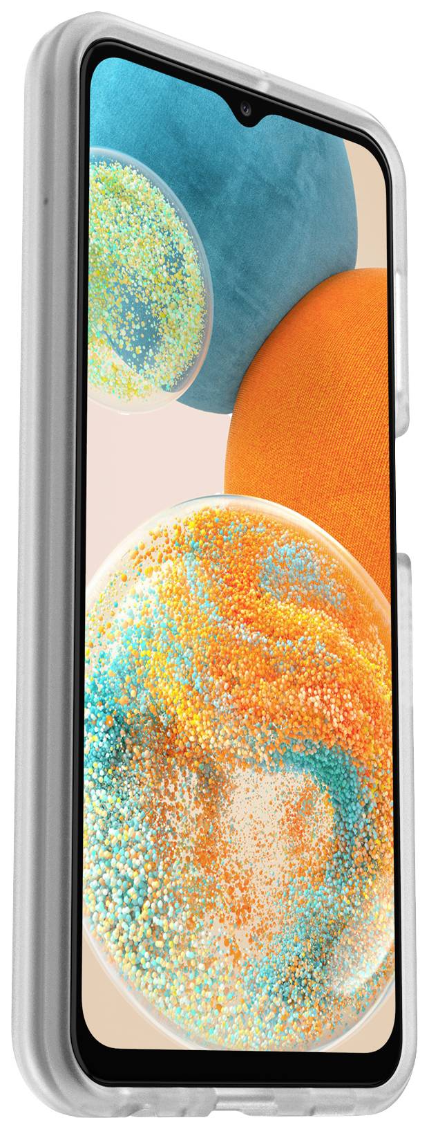 Smartfon z przezroczystą obudową ochronną. Na ekranie widoczne są kolorowe kształty w odcieniach niebieskiego i pomarańczowego.