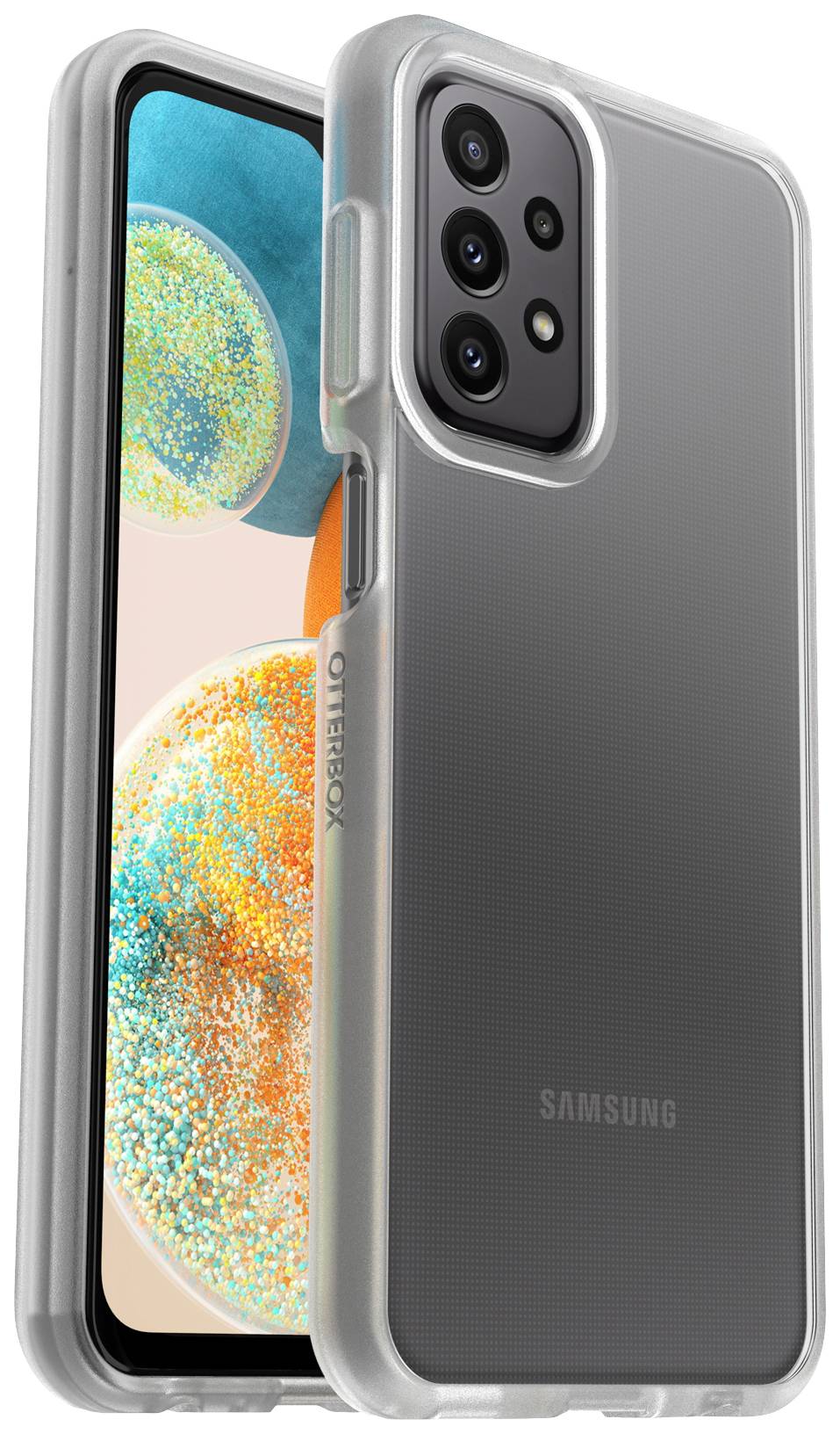 Smartfon Samsung w przezroczystej obudowie Otterbox. Widok z prawej strony z tyłu ukazuje aparat z wieloma obiektywami, widok z lewej strony z przodu pokazuje ekran z kolorowym tłem.