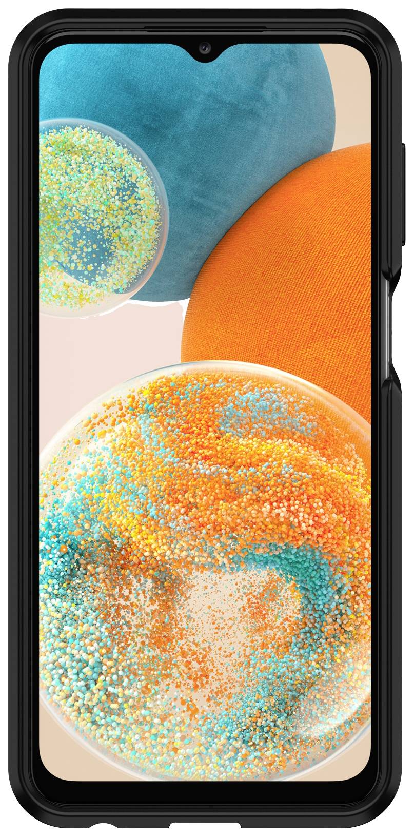 Smartfon z żywym ekranem wyświetla abstrakcyjną ilustrację z niebieskimi i pomarańczowymi kołami.