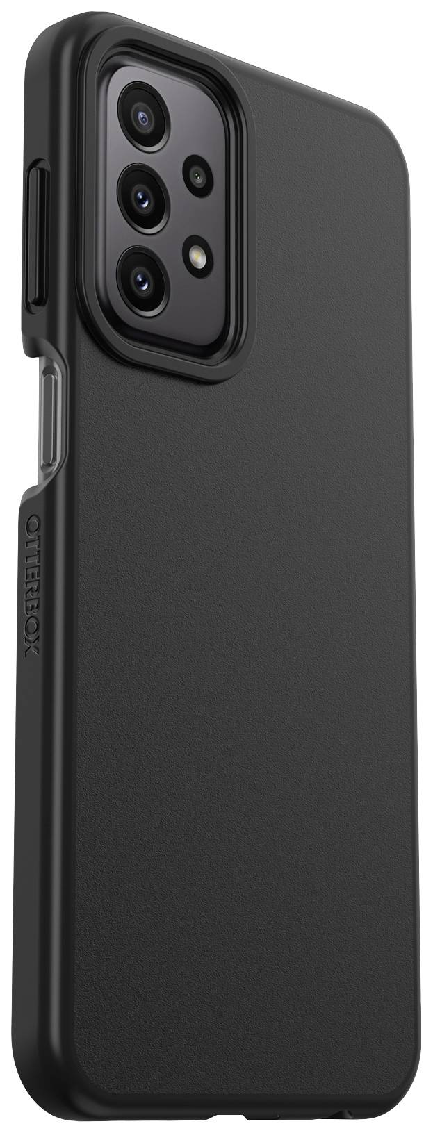 Czarne etui na smartfona z wycięciem na aparaty, wytrzymałą konstrukcją i bocznym logo OtterBox.