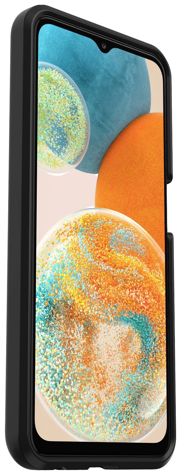 Smartfon z czarną obudową, wyświetlający kolorowe tło z niebieskimi i pomarańczowymi kulami.