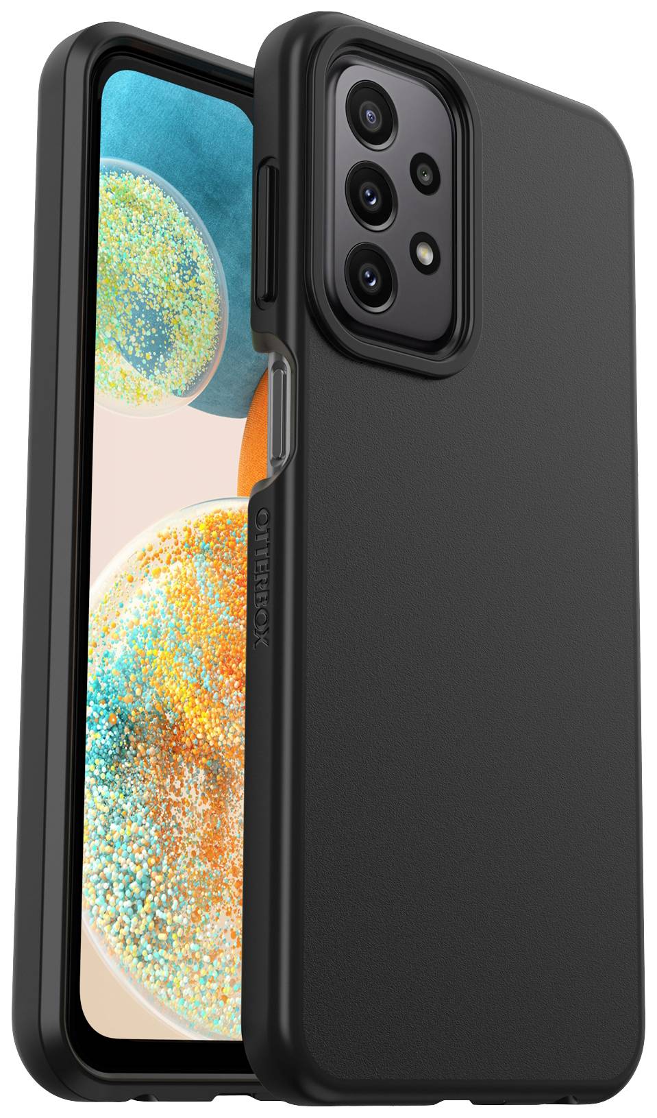 Czarny smartfon w wytrzymałej obudowie ochronnej z kilkoma obiektywami aparatu z tyłu. Wyświetlacz pokazuje kolorowe kręgi.