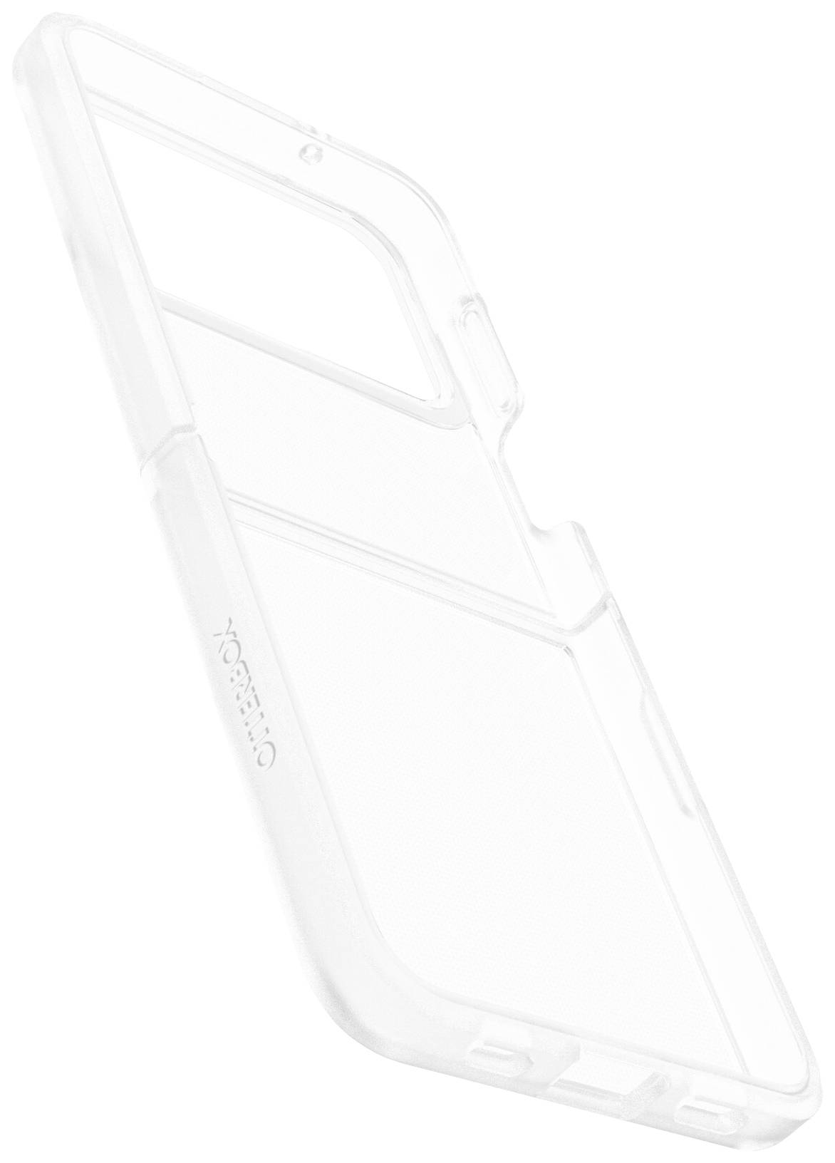 Przezroczyste etui na telefon wykonane z tworzywa sztucznego z wycięciami na aparat i złącza.