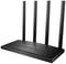 Czarny router Wi-Fi z czterema antenami i kilkoma diodami LED na przedniej części, wskazującymi aktualny stan urządzenia.