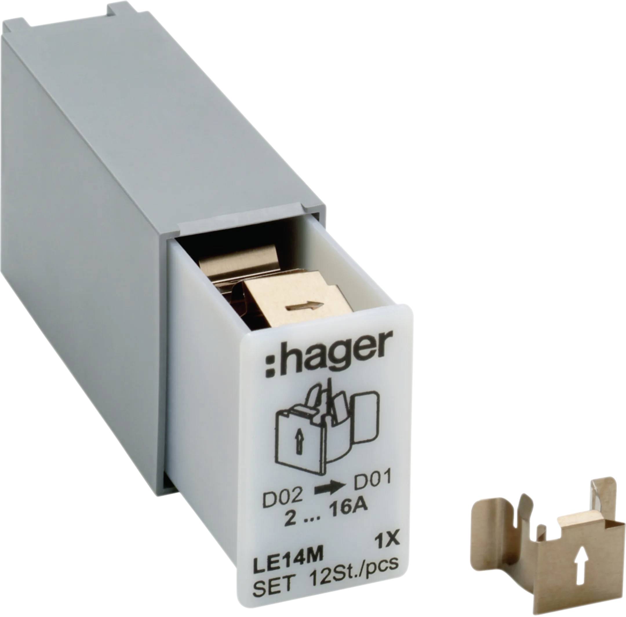 Szare urządzenie Hager, LE14M, z usuniętą częścią. Oznaczenie wskazuje 2-16A D02, 1 zestaw, 12 sztuk w opakowaniu.