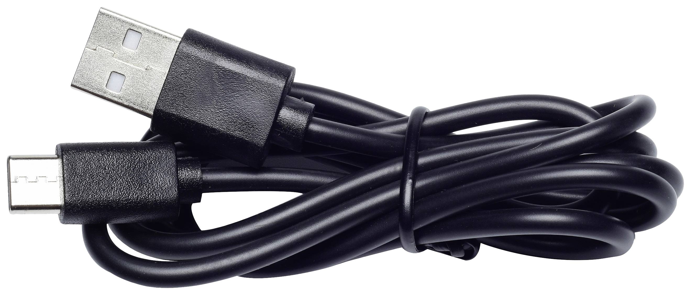 Czarny kabel USB, typ A do C, zwinięty. Używany do podłączania i ładowania urządzeń.