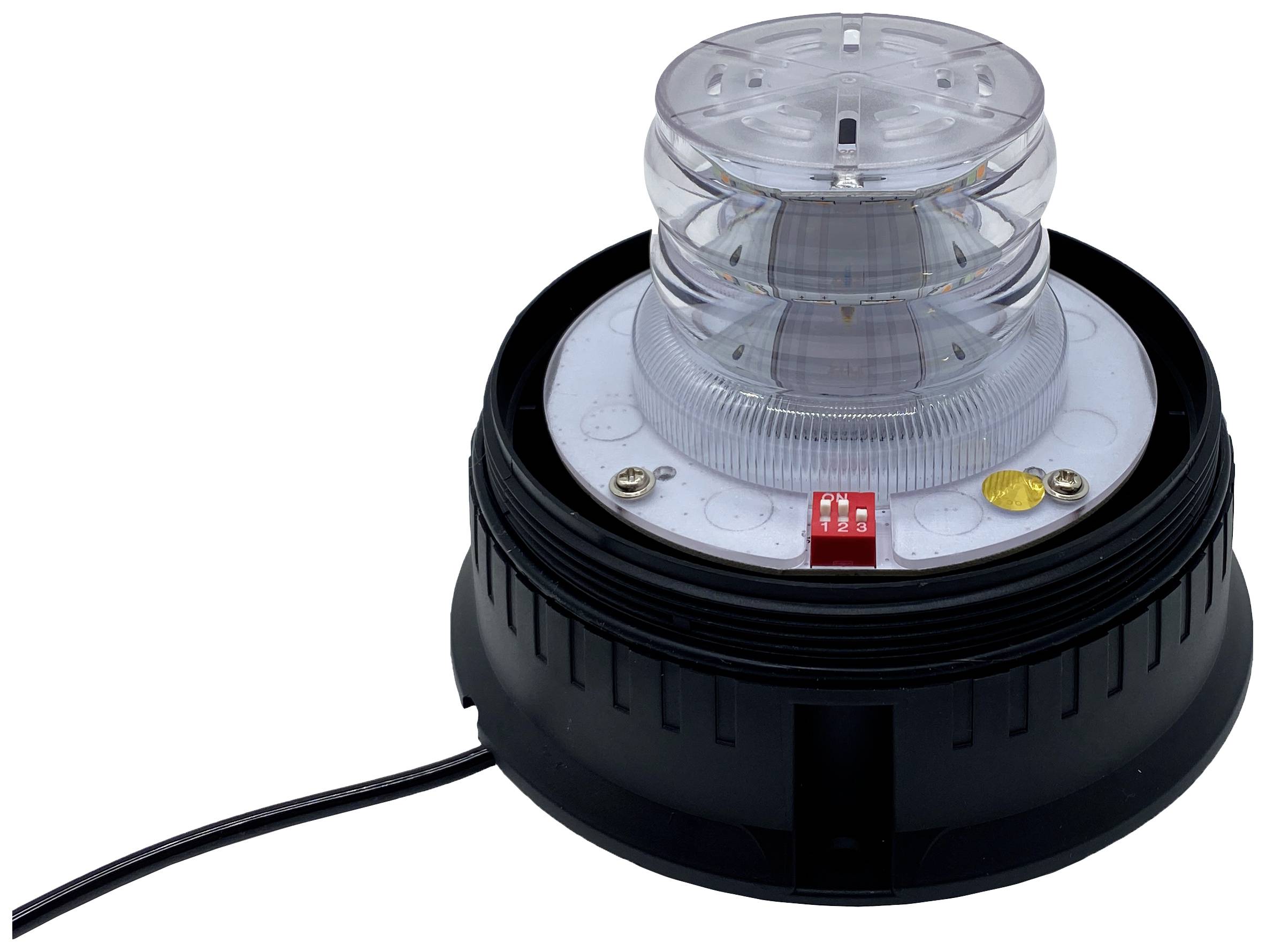 Przezroczysta lampa sygnalizacyjna na czarnej podstawie z przewodem przyłączeniowym, odpowiednia do zastosowań w zakresie bezpieczeństwa lub sygnalizacji maszyn.