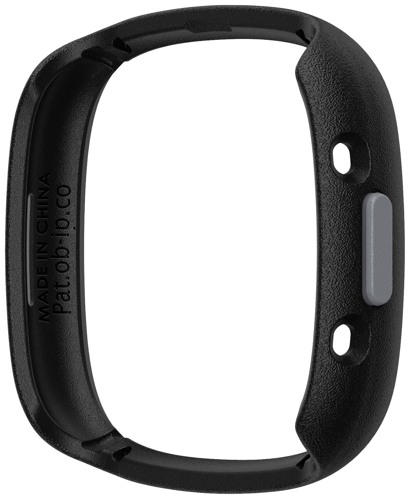 Czarny plastikowy korpus urządzenia elektronicznego z napisem 'MADE IN CHINA Pat. boip.co'. Owalny kształt z dwoma otworami na przyciski.