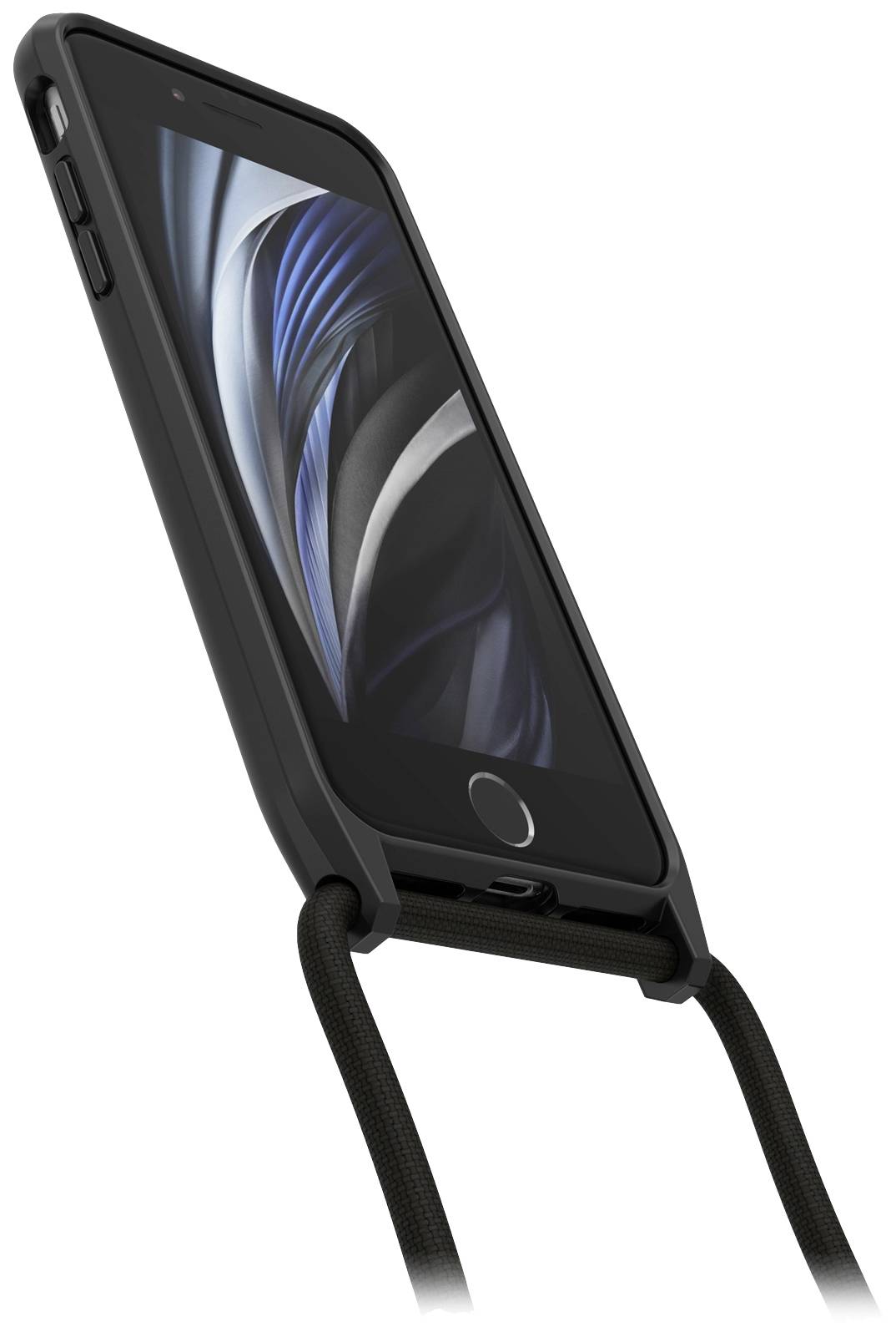 Smartfon w czarnym etui z paskiem do noszenia, leżący skośnie na boku. Ekran wyświetla abstrakcyjny, niebiesko-czarny wzór.