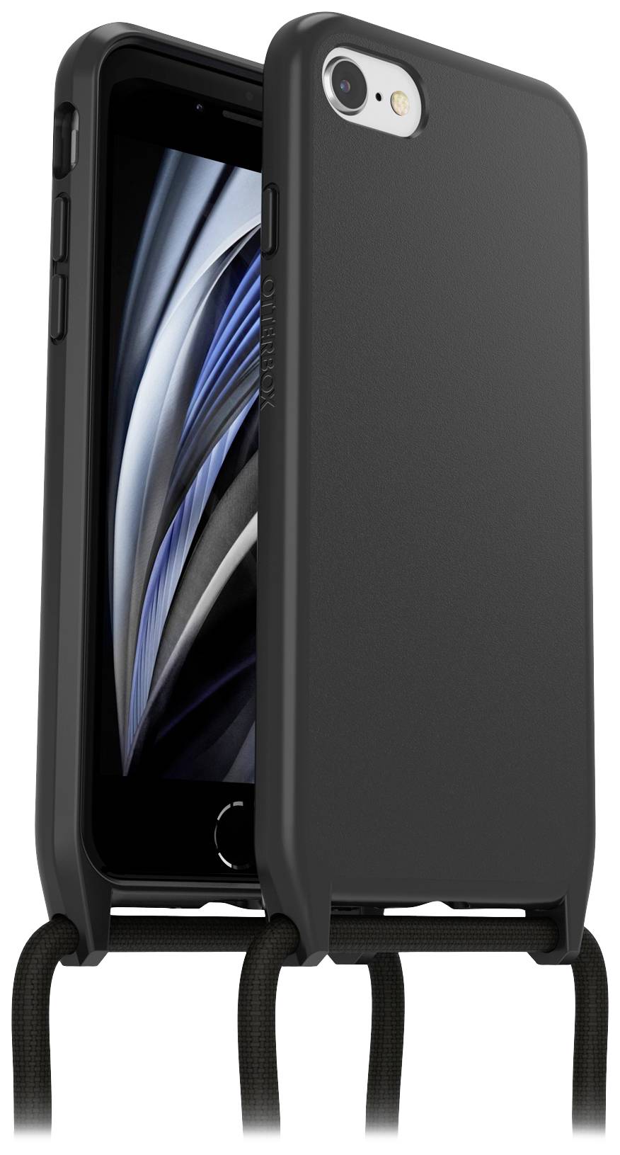 Czarny smartfon z etui ochronnym, do którego przymocowany jest pasek na ramię, przypięty do obu dolnych narożników obudowy.