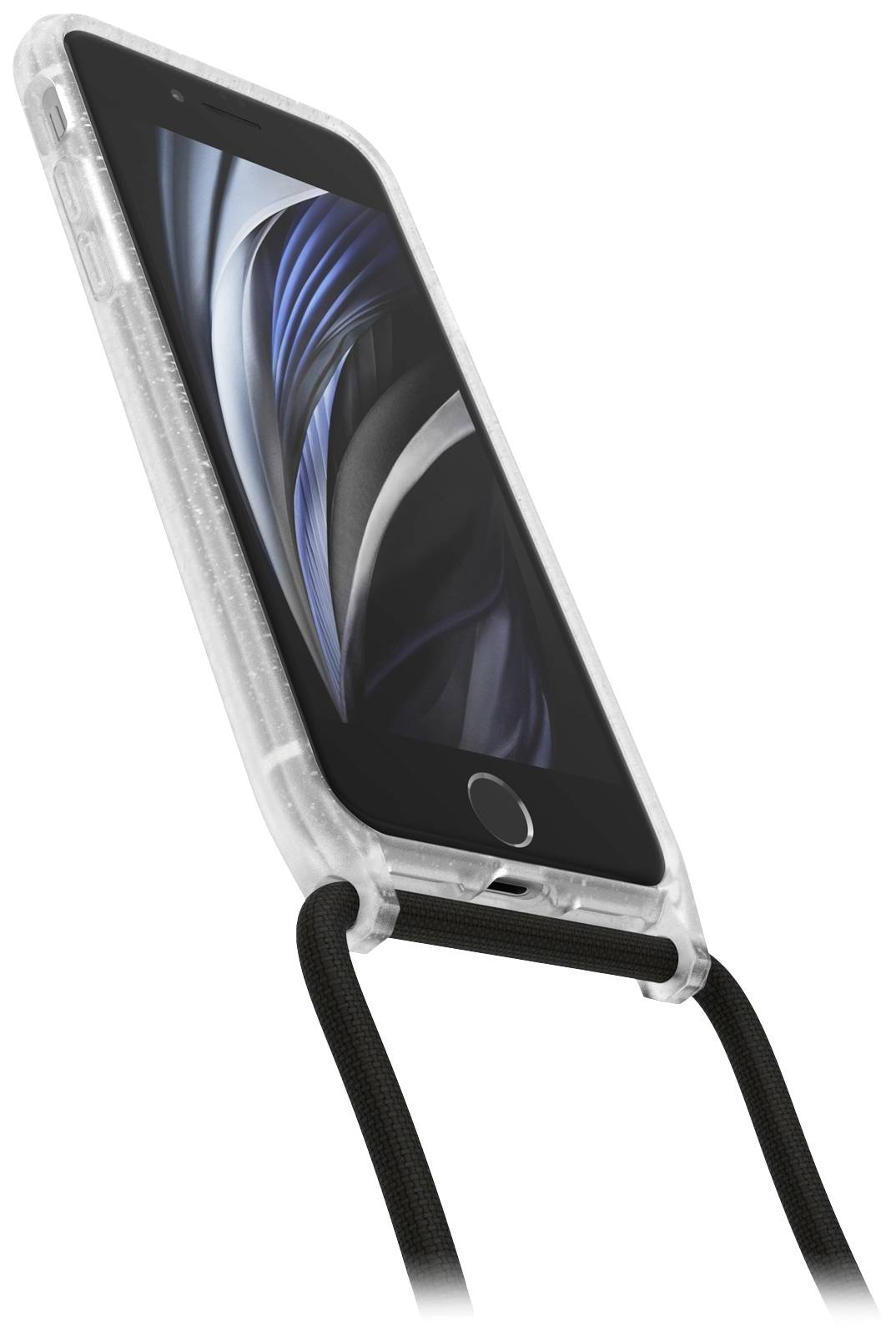 Smartfon w przezroczystym etui z czarną opaską, trzymany pod skosnym kątem w górę.