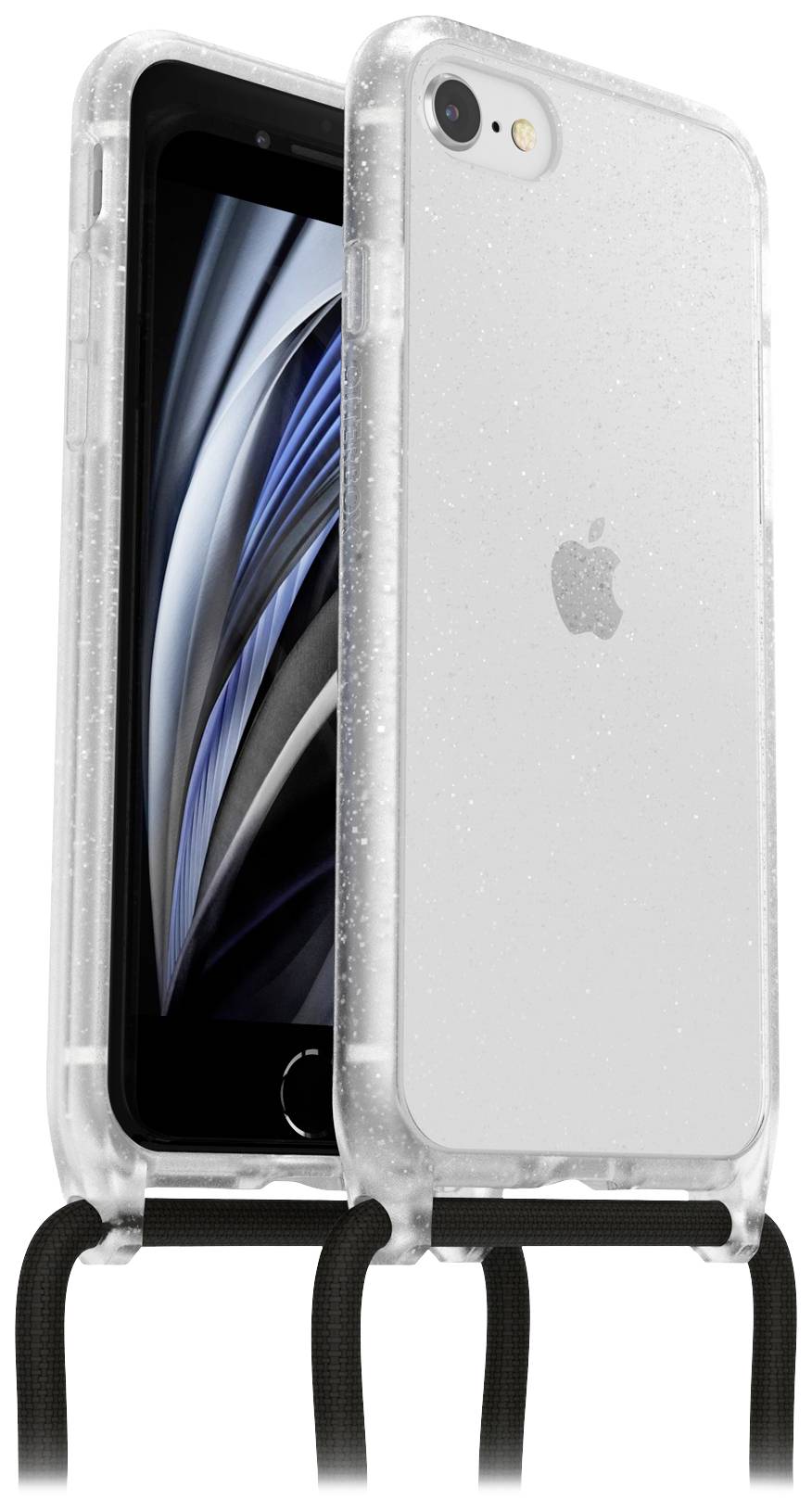 Przezroczyste etui na telefon z czarnym sznurkiem, przeznaczone dla iPhone'a. Z tyłu widoczne logo Apple.