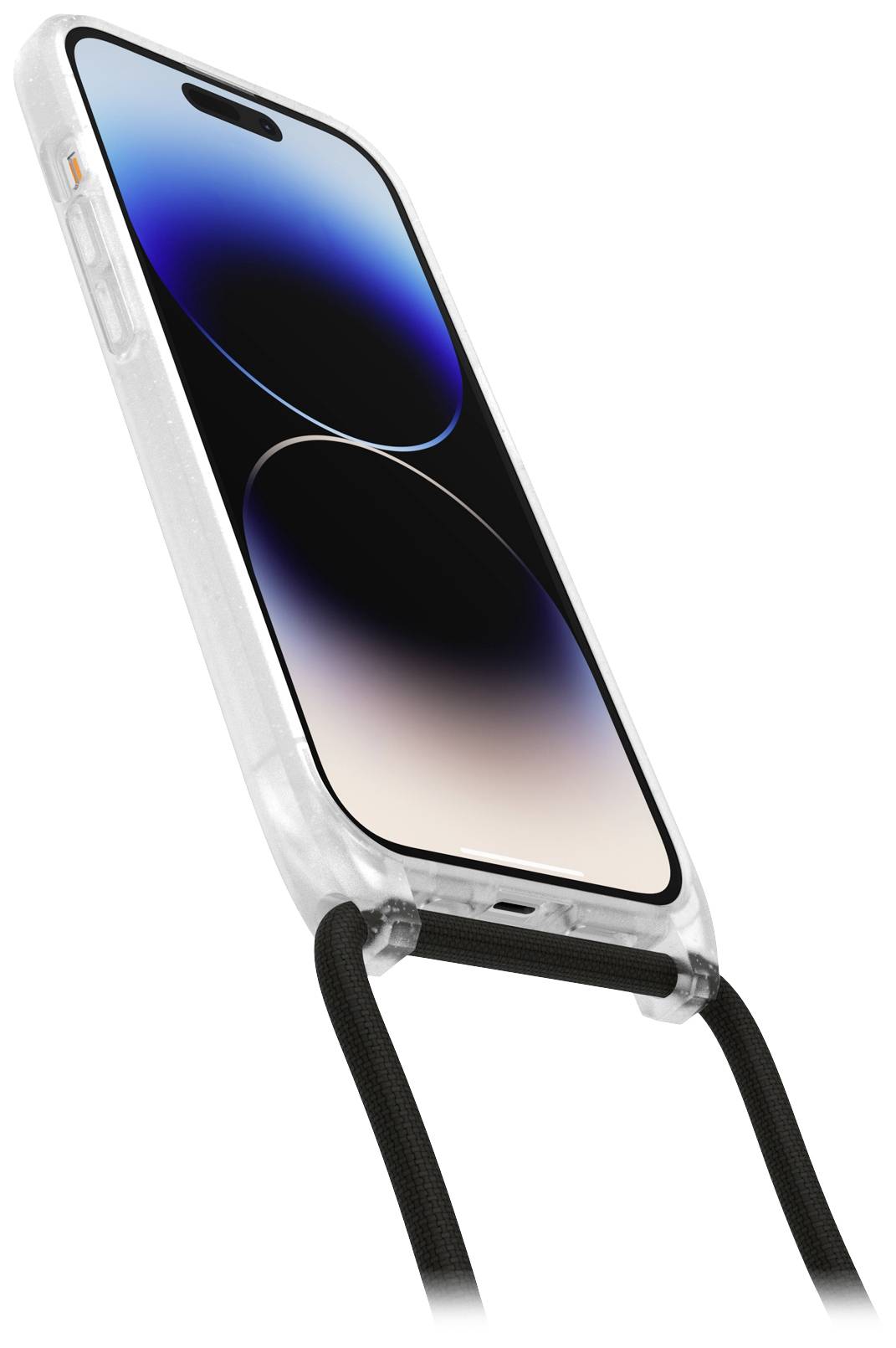 Smartfon w przezroczystym etui z czarną opaską, ekran wyświetla abstrakcyjny niebiesko-czarny wzór.
