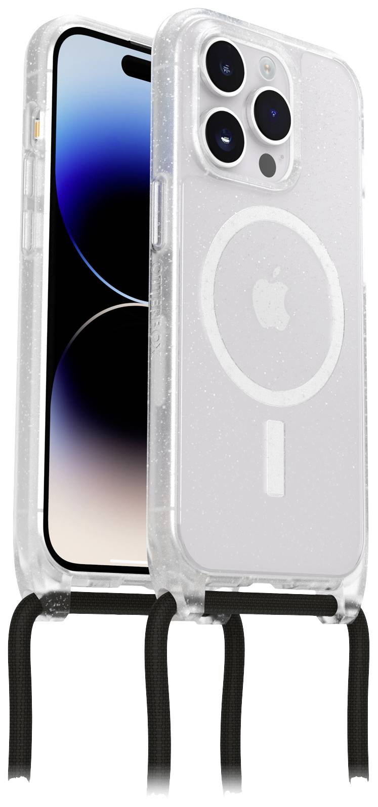 Smartfon z przezroczystym etui i paskiem do noszenia. Na tylnej stronie widoczne są trzy obiektywy aparatu.